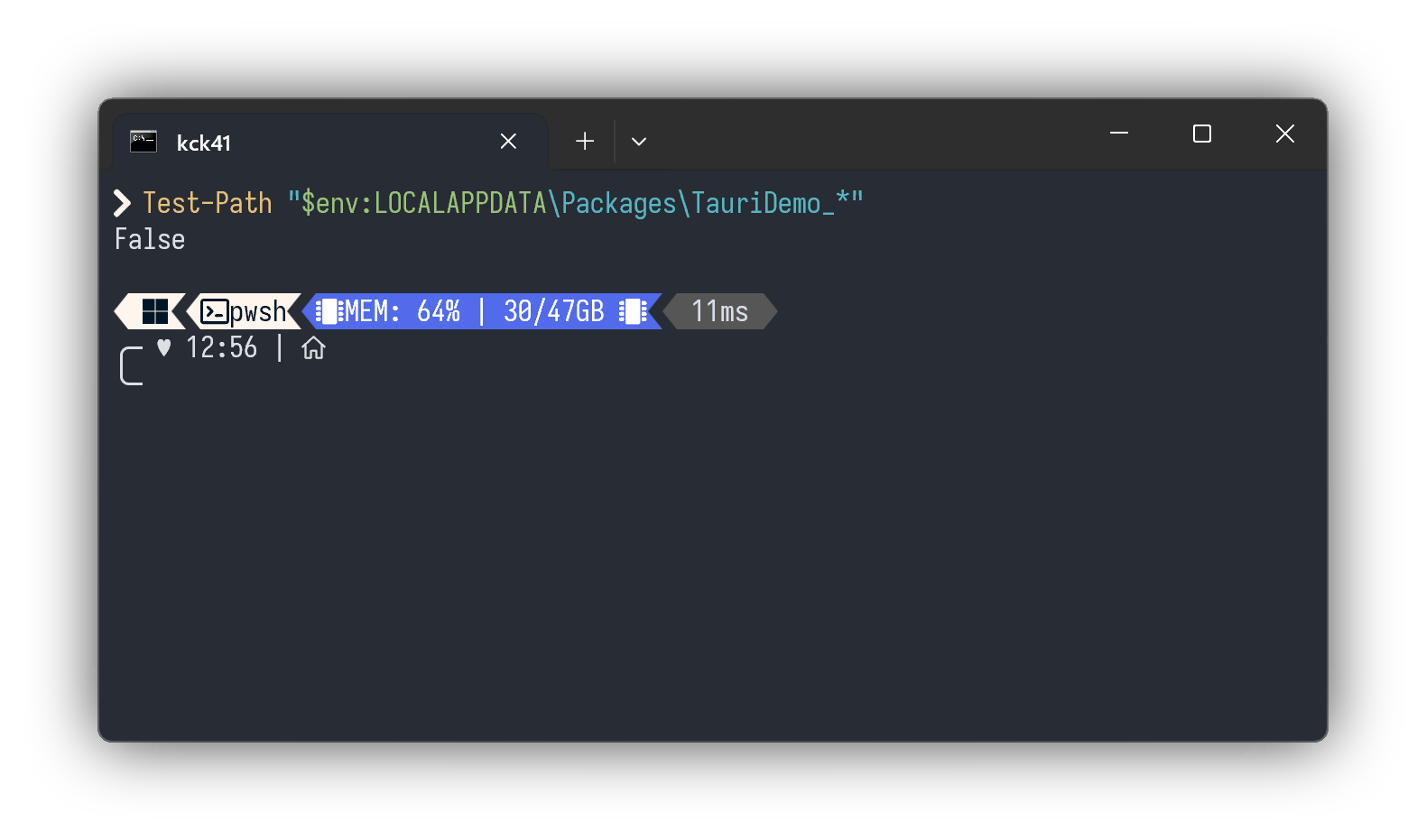 PowerShell 창. Packages\TauriDemo_* 경로를 확인한 결과가 False입니다.