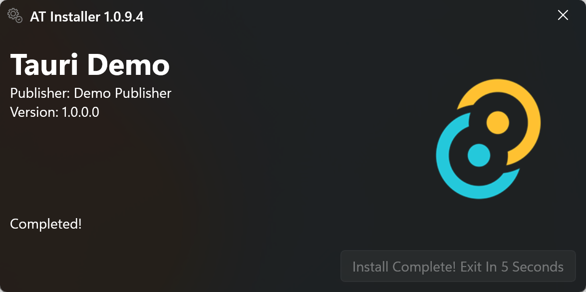 AT Installer 설치 완료 화면. Completed! 문구가 표시되어 있습니다.