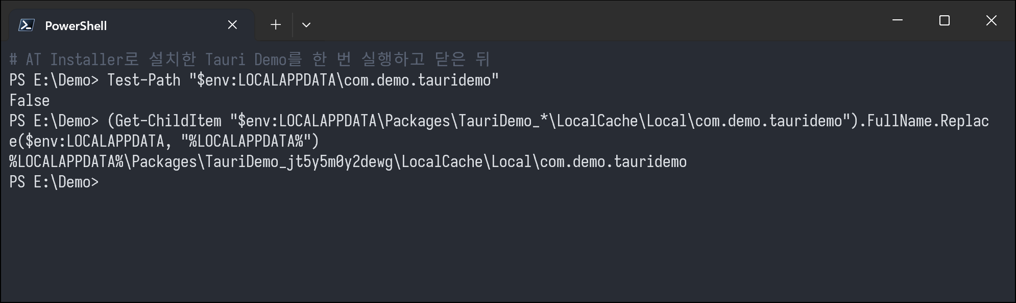 PowerShell 창. %LOCALAPPDATA%\com.demo.tauridemo는 False이고, 데이터는 Packages 아래 LocalCache\Local\com.demo.tauridemo에 있습니다.