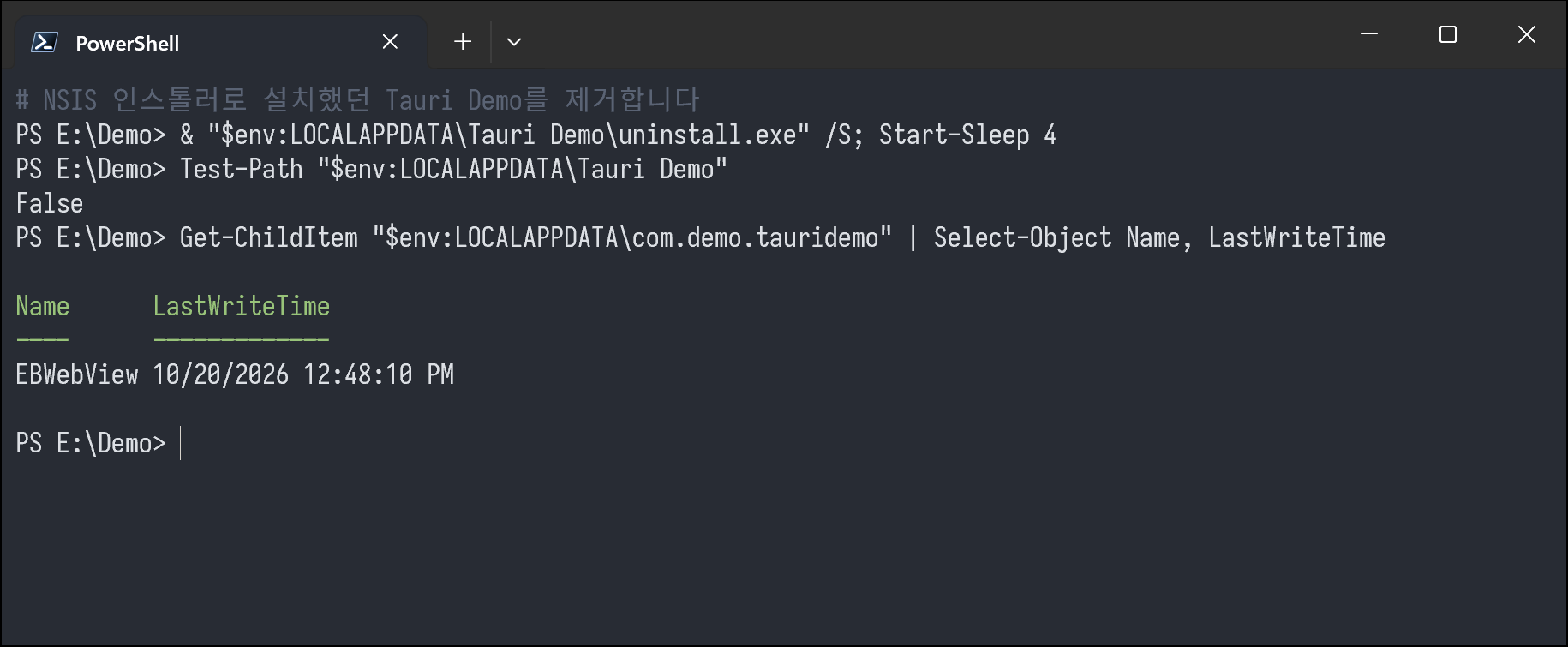 PowerShell 창. 제거 후 앱 설치 폴더는 없지만 com.demo.tauridemo 폴더에 EBWebView가 남아 있습니다.