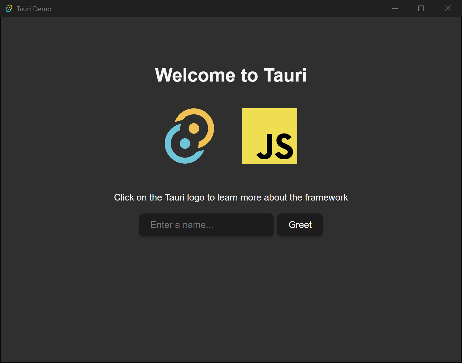 Tauri Demo 앱 창. Welcome to Tauri 화면이 표시되어 있습니다.